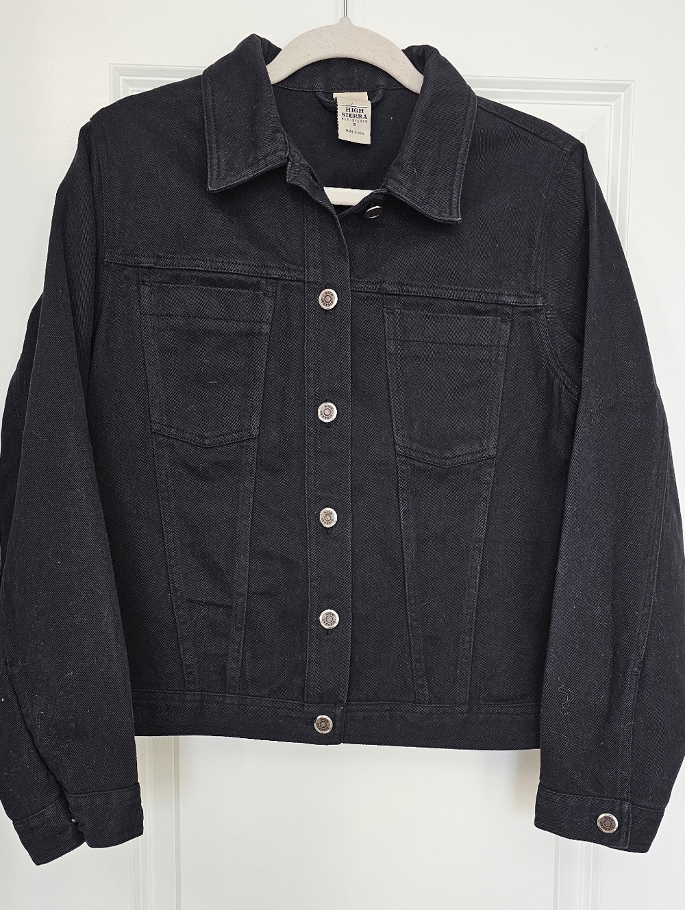 High Sierra Black Denim Jacket Womens Small Cropped Cotton Button Front Trucker